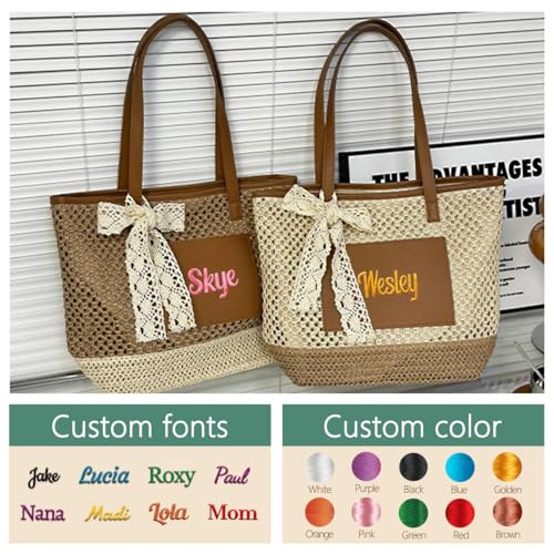 Custom Straw Bag With Embroidered Name,Personalized Handwoven Tote Bag With Cute Lace Bow for Vacation Travel4