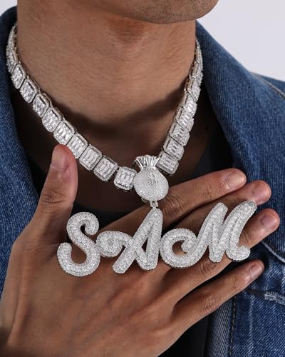 Iced Out Custom Name Necklace Personalized with Cuban Link Chain for Men and Women, Hip Hop 14k Real Gold Plated Initial Letter Pendant Necklaces, Handmade Customized Nameplate Jewelry for Rappers3