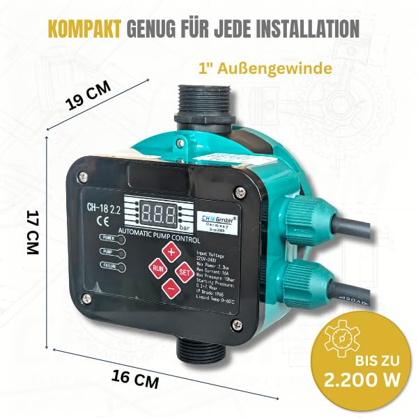 Pumpensteuerung Druckschalter (EIN- und Abschaltdruck einstellbar) mit Trockenlaufschutz für Pumpen bis 2,2 Kw