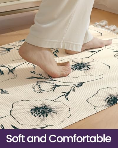 Image of SAGON 2x5 Ft Printed Runner Carpet - Cotton Bedside Rug for Bedroom & Living Room (Black Blossom)
