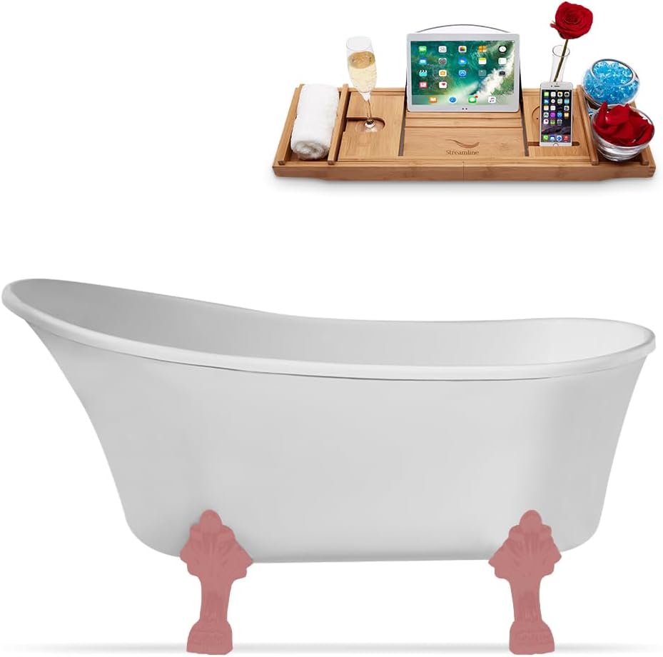 Streamline 59" Clawfoot Soaking Bathtub – Glossy White Acrylic Tub with Matte Pink Internal Drain – Modern Oval Design with Bamboo Tray – 69 Gallon Capacity