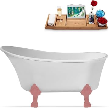 Streamline 59" Clawfoot Soaking Bathtub Glossy White Acrylic Tub with Matte Pink Internal Drain Modern Oval Design with Bamboo Tray 69 Gallon Capacity