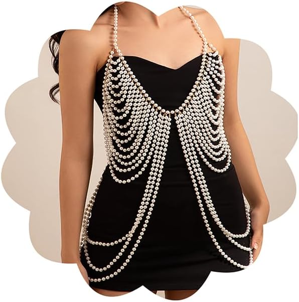 Xerling Faux Pearls Body Chains Layered Tassel Bra Chain Halter Top Body Jewelry Fringe Chest Chain Bikini Body Accessories for Women Girls