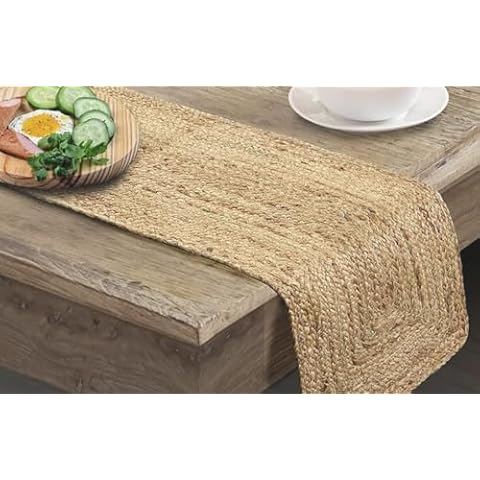 MDS Hand Woven Rectangle Jute Braided Table Runner 13 * 36 Inch - Natural Burlap Reversible Rustic Vintage Dining Table Runner for Indoor Outdoor Winter Merry Christmas Xmas Party Home Kitchen Decor Cover