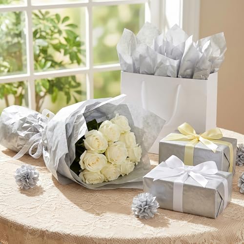 Image of Bobobag 100 Sheets Silver Tissue Paper,14 inchX20 inch Metallic Tissue Paper for Gift Bags, Birthday Anniversary Christmas Tissue Gift Wrapping, Holiday Decoration & Arts Craft