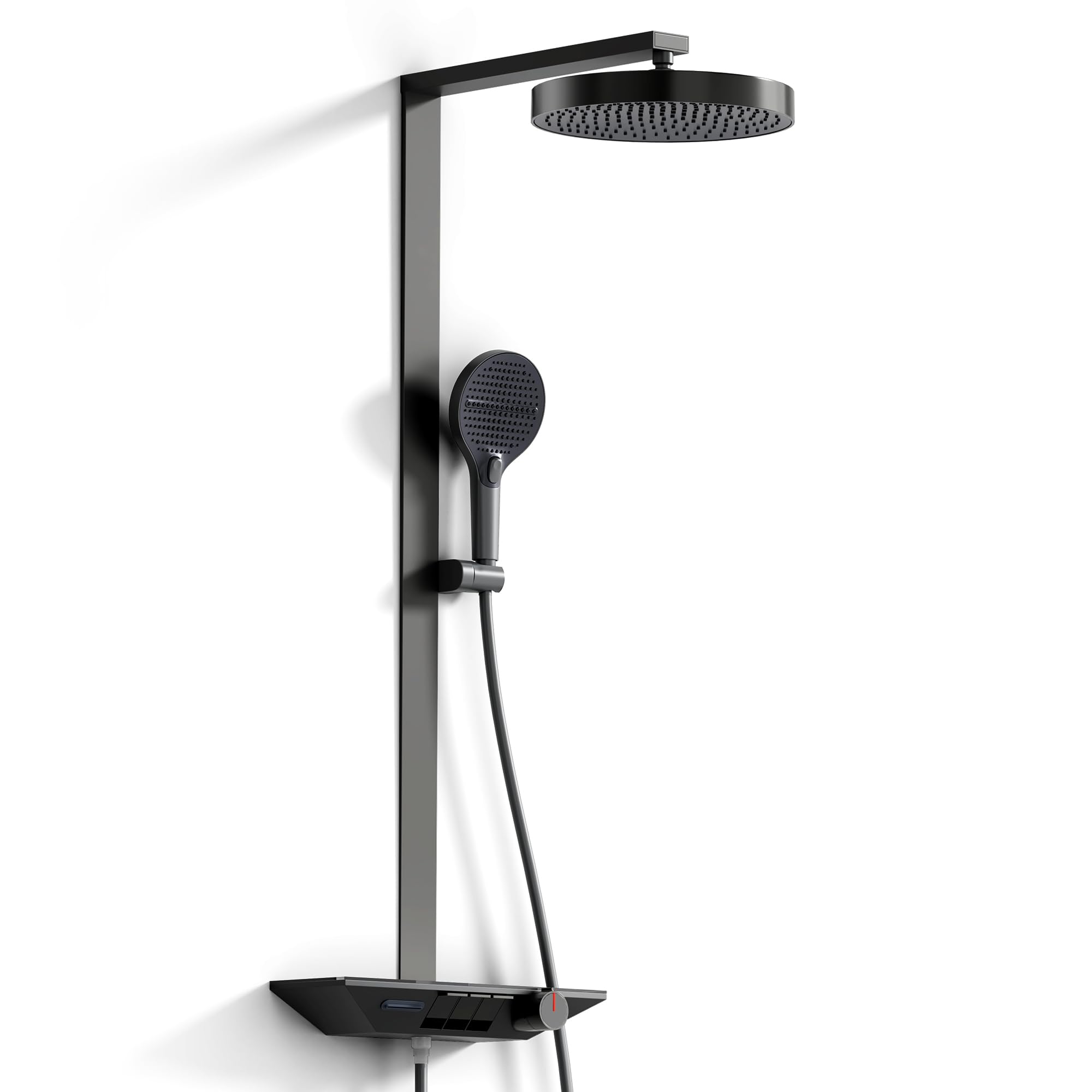 Alphabath Duschsystem mit Thermostat, Duscharmatur Komplettset mit 30 cm Regendusche Duschkopf, Handbrause mit 3 Strahlarten, Höhenverstellbar Duschset mit Glasablage, Grau