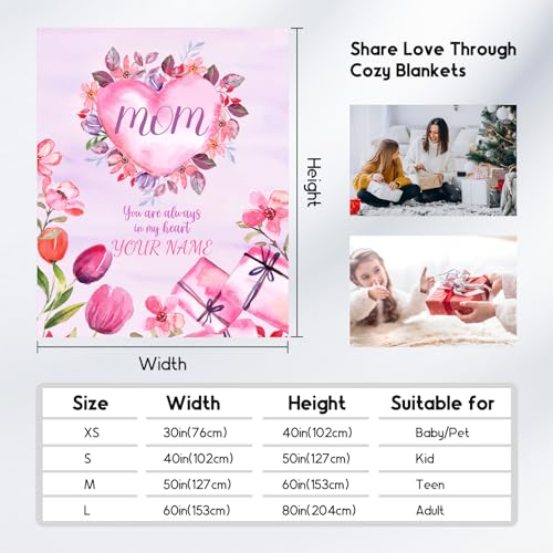 Custom Gifts for Mom Mothers Day - Blanket with Heart and Flowers - 60x80 Inch Cozy Soft Throw Blankets to Mother's Gift