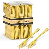 Qeirudu 4 Inch Gold Plastic Mini Forks, 100 Pack Disposable Appetizer Forks Heavy Duty Tiny Forks for Party Small Desserts, Charcuterie, Samples, Cocktails and Strawberries