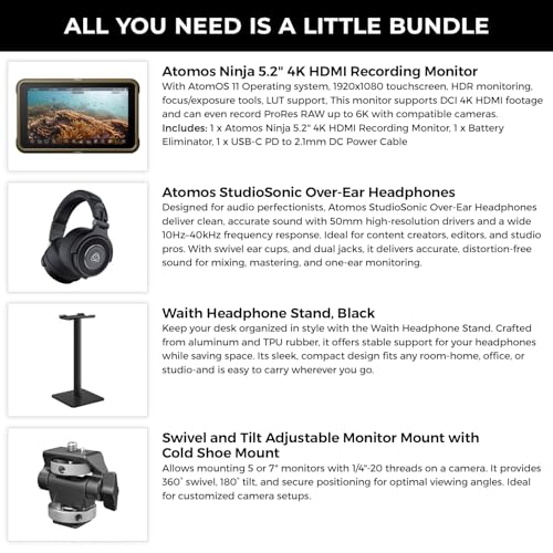 Image of Atomos Ninja 5.2 inch 4K HDMI Recording Monitor with Atomos StudioSonic Professional Over-Ear Headphones (Black), Headphone Stand & Swivel and Tilt Adjustable Monitor Mount (Cold Shoe Mount) Bundle Kit