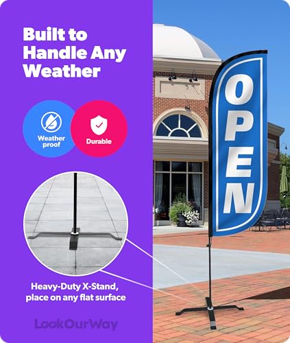 Image of LookOurWay Feather Flag Set - 5ft Tall Advertising Banner Flag with Pole Kit and X-Stand for Business Promotion - Open, Blue /White
