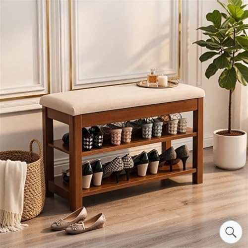 Image of Premium Sheesham Wood Shoe Rack with Upholstered Bench - 2-Tier Solid Wood Entryway Shoe Organizer - Durable Hallway Storage Bench for Living Room & Bedroom (Walnut, 24inch)