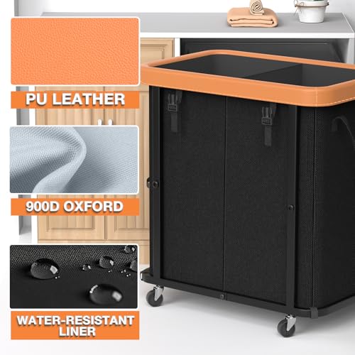 Image of 190L (50 Gal) Large Fashion Laundry Basket with Wheels, Leather Patchwork Rolling Hamper Carts, Sturdy Metal Frame, Removable Washable Bag, Tall Clothes Sorter for Bedroom - Black