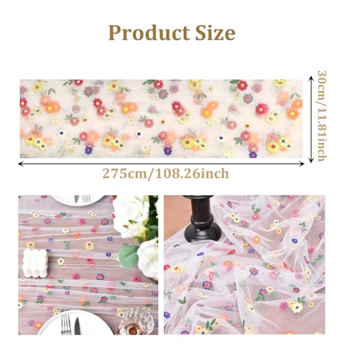 Table Runner Embroidery Daisy 30 x 275cm, Sheer Chiffon Florals Table Runner, Tulle Wedding Tables Decoration for Baby Bridal Shower Birthday Sunmmer Kitchen Dining Home Party Indoor - Image 3