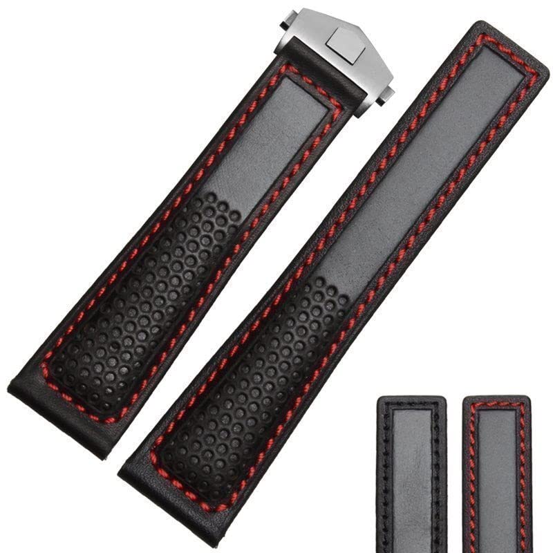 Bracelet de montre en cuir véritable de vachette haute qualité noir et rouge - 3