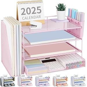 OPNICE Desk Organizer, 4-Tier Desktop File Organizer with Drawer and 2 Pen Holders, Office Desk Accessories, File Sorters, Workspace Organizers for Office Supplies(Pink)