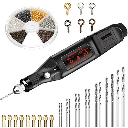 Electrical Pin Vise Kit Including Black Micro Electric Hand Resin Drill with 10 Collets, 16 Mini Drills (0.8-3.0 mm), 720 Screw Eye Pins for Resin, Plastic, Wood, DIY Jewelry, Key Chain Making
