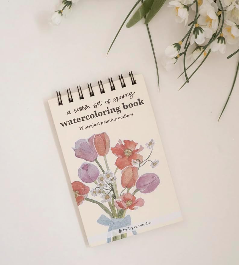 Bailey Rae Studio A Little Bit of Spring | 12 Watercolor Outlines | Mini Watercolor Book | Florals Animals Spring Scenes | 140lb Cotton Paper