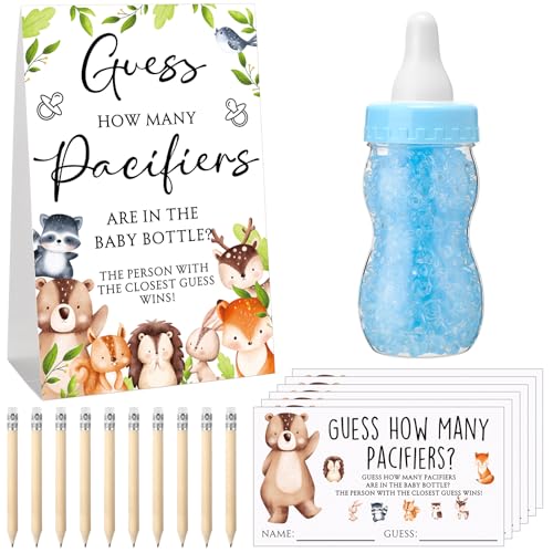 Image of Roowest 512 Pcs Baby Shower Games Guess How Many Pacifiers Sign 100 Small Guessing Games 10 HB Pencils 750ml Milk Bottle 400 Acrylic Pacifiers Decoration for Guest Gender Reveal(Bright,Woodland)
