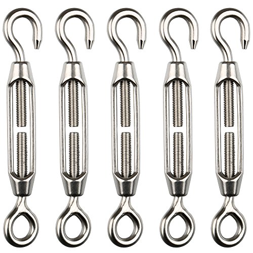 H&S Heavy-Duty Edelstahl Spannschloss - 5 Stück - Verstellbare Spannhaken M4 mit Öse auch für Sonnensegel oder zum Einfachen Draht Spannen - Kleine Spannschlösser - Spannhaken Metall - Spannschloß M4