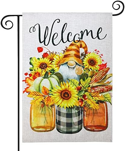 Welcome Fall Garden Flag, ESTTOP 12.5×18 Inch Burlap Vertical Double Sided Plaid Jar & Gnome Yard Flag, Fall Decorations for Home with Sunflower & Pumpkin, Farmhouse Rustic Outdoor Fall Decor