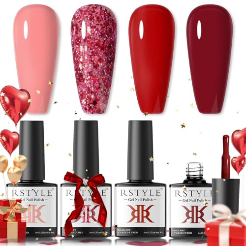 RSTYLE Pintauñas Esmaltes Semipermanentes para Uñas, 4 Colores para Lampara Rojo Rosa Gel Nail Polish Soak Off UV LED para Manucira Profesional 6ML