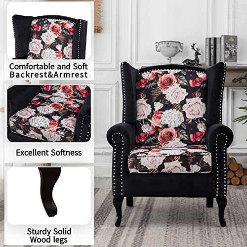 Winged Velvet Floral Accent Chair, Button Tufted Armchair, Wingback Club Chair, Living Room Chair, Comfy Reading Chair, Comfy Upholstered For Reading Living Room Bedroom Office(Flower+Black) #TOP7