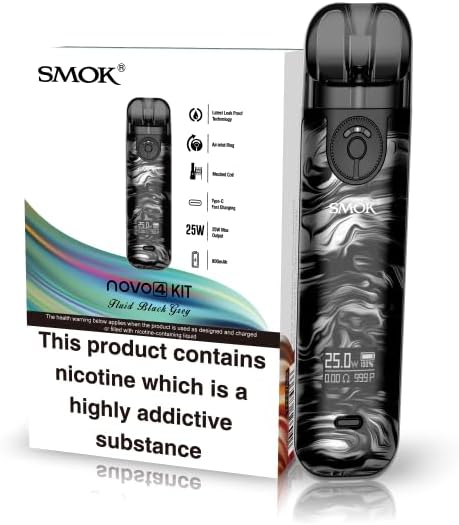 NOVO 4 Vape Kit [Fluid Black Grey] - Rechargeable Compact 25W POD System, Compatible with LP1 Coils, Sleek, Portable, On-the-Go, 2mL Capacity, E Cigarette, No Nicotine No Liquid