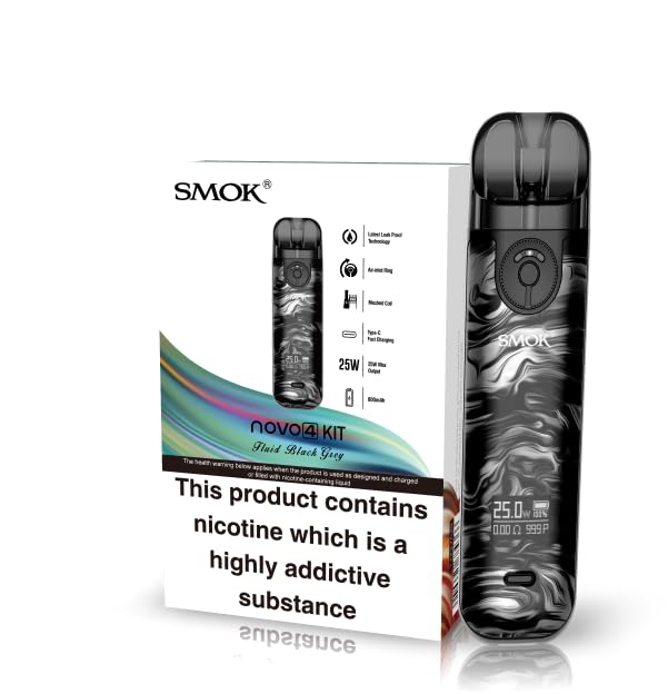 Smok Novo 4 Vaping Kit, 25W Pod System, Compatible with Lp1 Coils, Compact, Sleek and Portable, 2mL Capacity, E Cigarettes, E Cig, Starter Kit, Smok Vaping, No Nicotine (Fluid Black Grey)