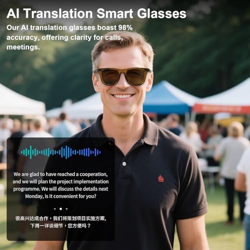 Image of AI Smart Glasses for Men Women, Bluetooth Translation Glasses with 169 Language, Auto On /Off by Wearing Sensor, Wide Face, UV400 polarized lens, Audio Smart Sunglasses for Travel Meeting Sports-Brown