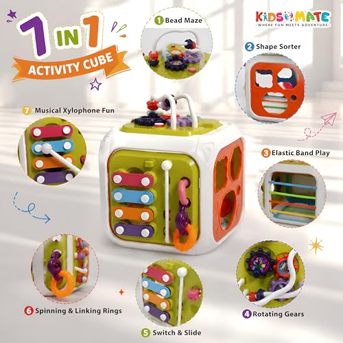 Image of Kidsmate Montessori 7-in-1 Activity Cube for Babies 12-18 Months | Sensory Busy Cube Toy for Toddlers | Shape Sorter Learning Toy | Fine Motor Skills Development | Educational Gift for Boys & Girls