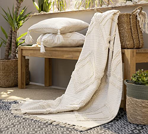 Dekoleidenschaft Plaid Can Marca aus 100% Baumwolle, Creme, 130x170 cm, weiche Sofadecke mit Fransen, warme Couchdecke, kuschelige Wohndecke, Klassische Heimdecke für Wohnzimmer & Schlafzimmer
