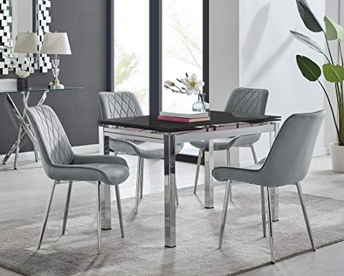 Furniturebox UK Enna Black Glass Extending Dining Table and 4 Grey Pesaro Silver Leg Chairs