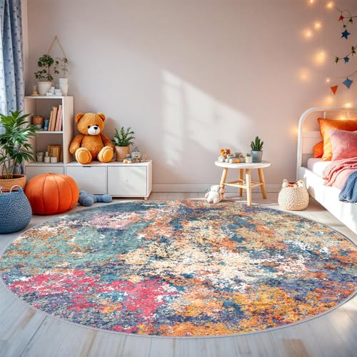 RUUGME Abstract 6ft Round Rug - Large Washable Rugs for Living Room Abstract Colorful Rug Indoor Non Slip Low Pile Carpet Bedroom Soft Foldable Stain Resistant Distressed Thin Mat 6ft Colorful/Multi