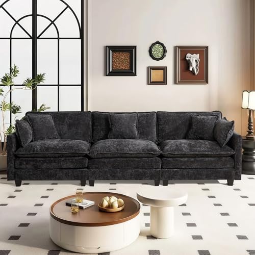 SoarTalent 111.5” Modular Sectional Sofa Convertible Couches, 3 Seater Chenille Deep Seat Cloud Couch with Pillows for Living Room, Apartment, Office(Black)
