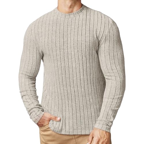 Mens Crewneck Cable Cotton Sweater Casual Lightweight Slim Fit Pullover Line Textured Long Sleeve Knitted Top