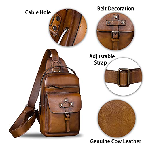Ivtg Genuine Leather Sling Bag Chest Shoulder Fanny Bag Hiking Backpack Vintage Handmade Crossbody Daypack (Brown) #TOP5