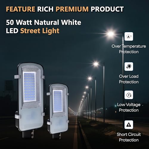 Image of Forus 50W LED Street Light with Clamp, IP66 Waterproof Outdoor LED Street Light, High Lumen 6000lm Natural White, Aluminium Body for Road, Parking Lot, Garden & Industrial Outdoor Lighting (1 Pc)