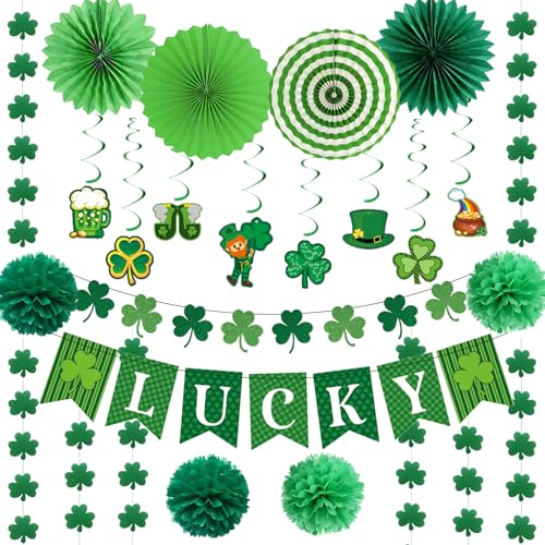 St Patrick's Day Decorations Set - Shamrock Garland, "LUCKY" Banner, Tissue Paper Fans, Paper Lanterns, Pompoms Decorations - Irish Green Party Supplies for Home, Office, Bar, Classroom Décor