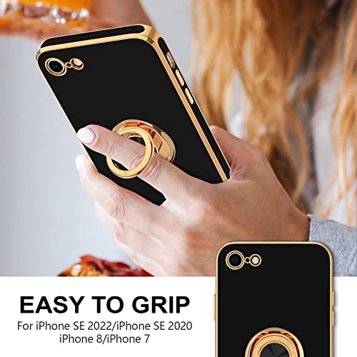 Image of Hython Case for iPhone SE 2022, iPhone SE 2020, iPhone 7 Case, iPhone 8 Case with Ring Holder Stand Magnetic Kickstand, Plating Rose Gold Soft TPU Bumper Camera Protection Shockproof Phone Cases-Black