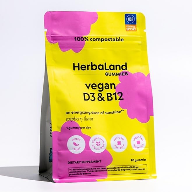 Herbaland - Vegan Vitamin D3 B12 Gummies, Vitamins for Immune System, Energy and Mood, Sugar-Free, Rich in Vitamin D and Vitamin B12, Raspberry Flavor, 2.2 Grams