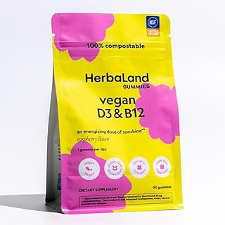 HERBALAND - Vegan Vitamin D3 B12 Gummies, Vitamins for Immune System, Energy and Mood, Sugar-Free, Rich in Vitamin D and Vitamin B12, Raspberry Flavor, 2.2, 90 Count, Compostable Pouch