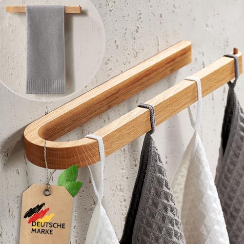 DEKAZIA® Handtuchhalter Holz Wand | Handtuchhalter ohne Bohren Holz | Handtuchstange aus nachhaltigem Eichenholz | Handtuchleiste zum Bohren oder Kleben Handtuch Halter Eiche Küchenrollenhalter