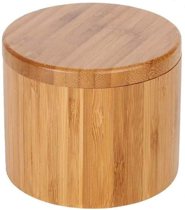 Salero para Cocina de Bambú Con Tapadera Giratoria - Cuenco Circular para Sal Gorda - Tarro de 500ML