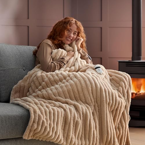 Silentnight Luxury Faux Fur Ribbed Heated Throw - Luxury Plush Electric Heated Blanket for Sofa Bed with 9 Heat Settings, Fast Heat-up and Safety Shut Off - Machine Washable - 120x160cm, Natural