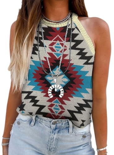Image of MARZXIN Women Sleeveless Sweater Tank Round Neck Casual Aztec Geometric Knit Sweater Top