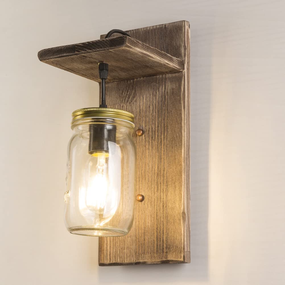 E27 Drewniana lampa ścienna w stylu retro, lampka nocna, kreatywny słoik na dżem, lampa ścienna, oświetlenie wewnętrzne w stylu vintage, szklane butelki, oświetlenie do sypialni, salonu, korytarza i