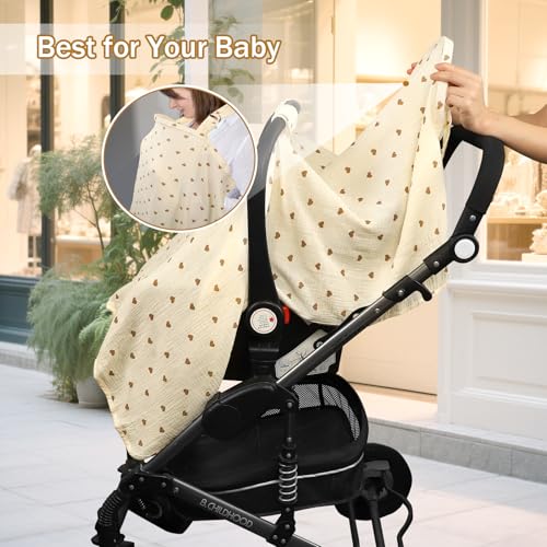 Image of Hooyax 2-in-1 Baby Car Seat Cover & Nursing Cover, 100% Muslin Cotton, Breathable Car Seat Canopy and Privacy Breastfeeding Cover, Tiny Heart