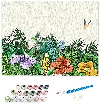 Tropical Plant Paint by Numbers for Adults Beginner, Acrylic Watercolor Paint by Number for Kids, Painting by Numbers DIY Gift Canvas Painting Kits 16x16inch, Botany Palm Leaf Flower and Hummingbird