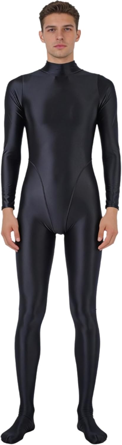 CHICTRY Men's Glossy Full Body Bodysuit Mock Neck Long Sleeve Footed Rash Guard for Surfing Workout