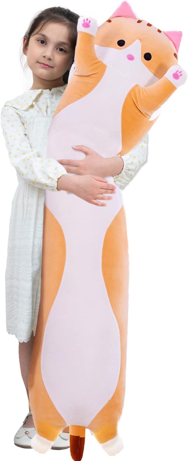 Kekeso Giant Cat Pillow Plush Cartoon Kitty Sleeping Hugging pillow, Cuddly Soft Long Kitten Body Pillow Doll Cat Toy for Kids Girlfriend (Yellow, 70cm/27.55inch)